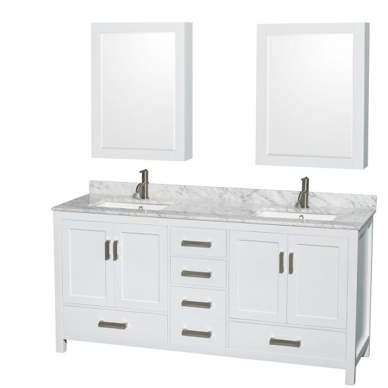 72 Inch Double Bathroom Vanity in White, White Carrara Marble Countertop, Sinks, Medicine Cabinets