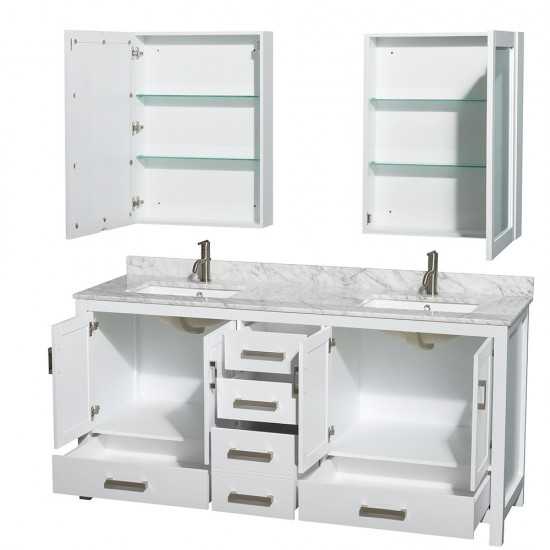 72 Inch Double Bathroom Vanity in White, White Carrara Marble Countertop, Sinks, Medicine Cabinets