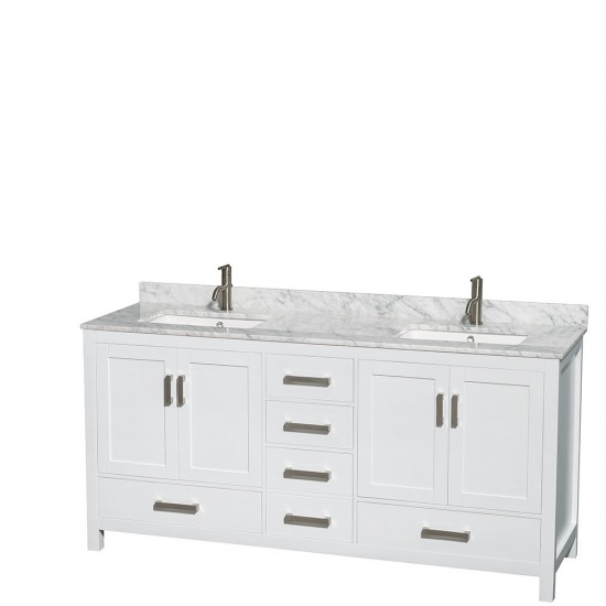 72 Inch Double Bathroom Vanity in White, White Carrara Marble Countertop, Sinks, No Mirror