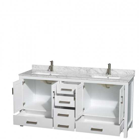 72 Inch Double Bathroom Vanity in White, White Carrara Marble Countertop, Sinks, No Mirror