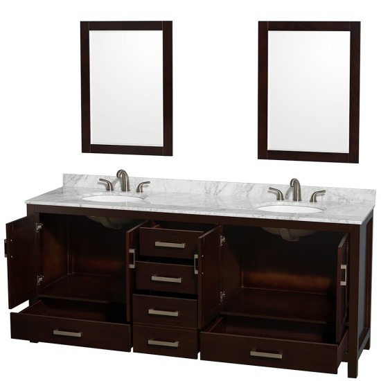 80 Inch Double Bathroom Vanity in Espresso, White Carrara Marble Countertop, Oval Sinks, 24 Inch Mirrors