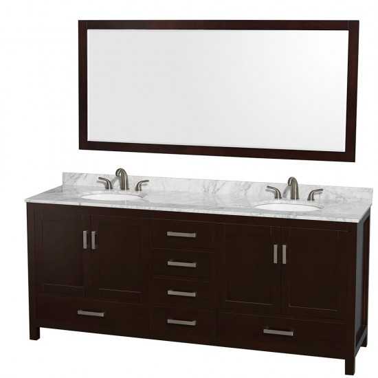 80 Inch Double Bathroom Vanity in Espresso, White Carrara Marble Countertop, Oval Sinks, 70 Inch Mirror