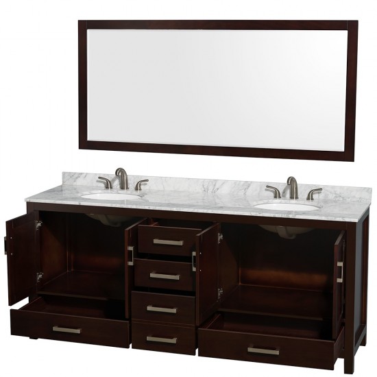 80 Inch Double Bathroom Vanity in Espresso, White Carrara Marble Countertop, Oval Sinks, 70 Inch Mirror