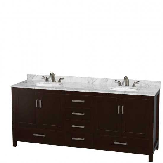 80 Inch Double Bathroom Vanity in Espresso, White Carrara Marble Countertop, Oval Sinks, 70 Inch Mirror