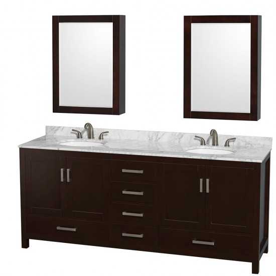 80 Inch Double Bathroom Vanity in Espresso, White Carrara Marble Countertop, Oval Sinks, Medicine Cabinets