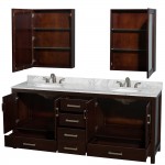 80 Inch Double Bathroom Vanity in Espresso, White Carrara Marble Countertop, Oval Sinks, Medicine Cabinets