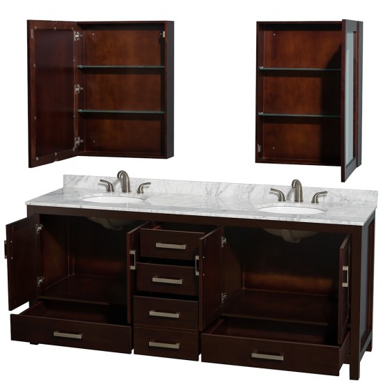 80 Inch Double Bathroom Vanity in Espresso, White Carrara Marble Countertop, Oval Sinks, Medicine Cabinets