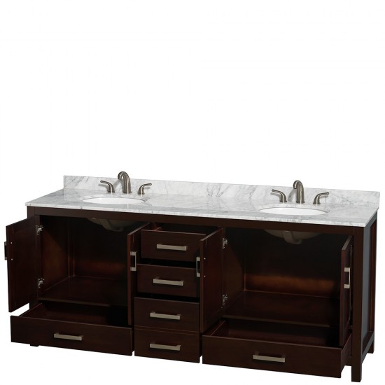 80 Inch Double Bathroom Vanity in Espresso, White Carrara Marble Countertop, Oval Sinks, No Mirror