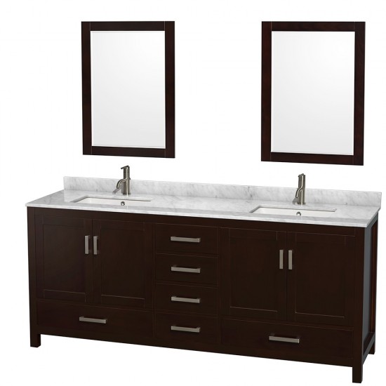 80 Inch Double Bathroom Vanity in Espresso, White Carrara Marble Countertop, Sinks, 24 Inch Mirrors