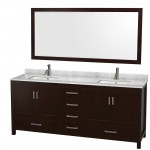 80 Inch Double Bathroom Vanity in Espresso, White Carrara Marble Countertop, Sinks, 70 Inch Mirror