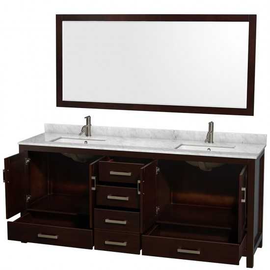 80 Inch Double Bathroom Vanity in Espresso, White Carrara Marble Countertop, Sinks, 70 Inch Mirror