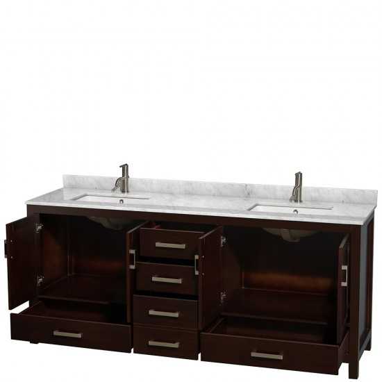 80 Inch Double Bathroom Vanity in Espresso, White Carrara Marble Countertop, Sinks, No Mirror