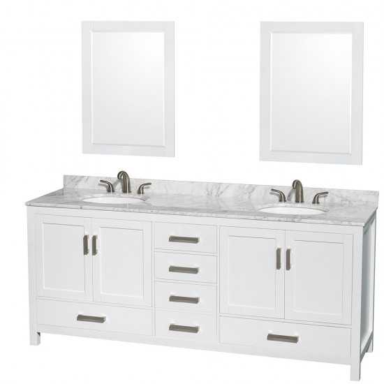 80 Inch Double Bathroom Vanity in White, White Carrara Marble Countertop, Oval Sinks, 24 Inch Mirrors