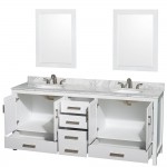 80 Inch Double Bathroom Vanity in White, White Carrara Marble Countertop, Oval Sinks, 24 Inch Mirrors