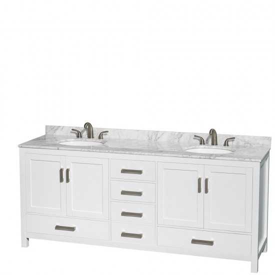 80 Inch Double Bathroom Vanity in White, White Carrara Marble Countertop, Oval Sinks, 24 Inch Mirrors