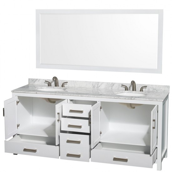 80 Inch Double Bathroom Vanity in White, White Carrara Marble Countertop, Oval Sinks, 70 Inch Mirror