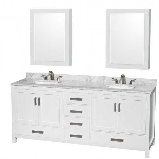 80 Inch Double Bathroom Vanity in White, White Carrara Marble Countertop, Oval Sinks, Medicine Cabinets