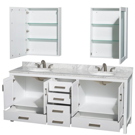 80 Inch Double Bathroom Vanity in White, White Carrara Marble Countertop, Oval Sinks, Medicine Cabinets