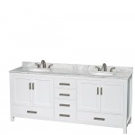 80 Inch Double Bathroom Vanity in White, White Carrara Marble Countertop, Oval Sinks, Medicine Cabinets