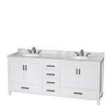 80 Inch Double Bathroom Vanity in White, White Carrara Marble Countertop, Oval Sinks, No Mirror