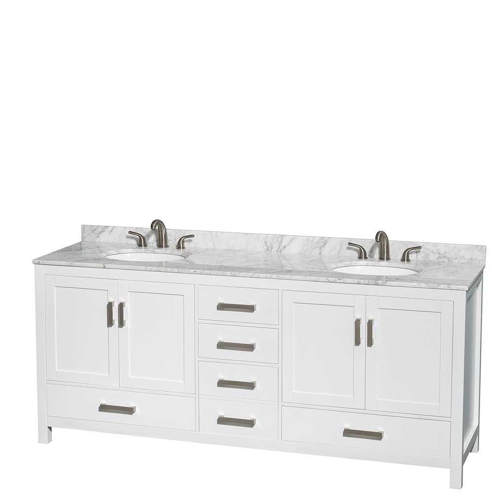 80 Inch Double Bathroom Vanity in White, White Carrara Marble Countertop, Oval Sinks, No Mirror