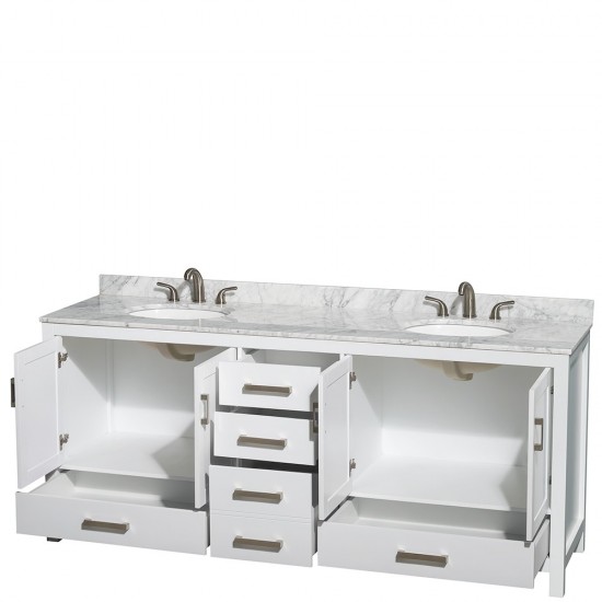 80 Inch Double Bathroom Vanity in White, White Carrara Marble Countertop, Oval Sinks, No Mirror