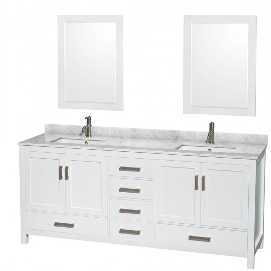 80 Inch Double Bathroom Vanity in White, White Carrara Marble Countertop, Sinks, 24 Inch Mirrors