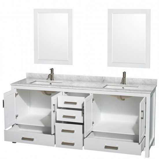 80 Inch Double Bathroom Vanity in White, White Carrara Marble Countertop, Sinks, 24 Inch Mirrors