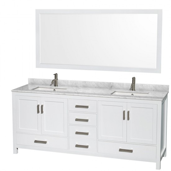 80 Inch Double Bathroom Vanity in White, White Carrara Marble Countertop, Sinks, 70 Inch Mirror