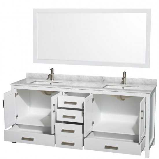 80 Inch Double Bathroom Vanity in White, White Carrara Marble Countertop, Sinks, 70 Inch Mirror