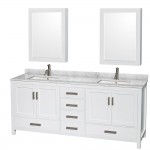 80 Inch Double Bathroom Vanity in White, White Carrara Marble Countertop, Sinks, Medicine Cabinets