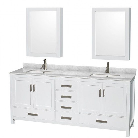 80 Inch Double Bathroom Vanity in White, White Carrara Marble Countertop, Sinks, Medicine Cabinets