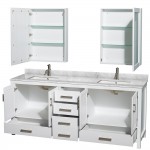 80 Inch Double Bathroom Vanity in White, White Carrara Marble Countertop, Sinks, Medicine Cabinets