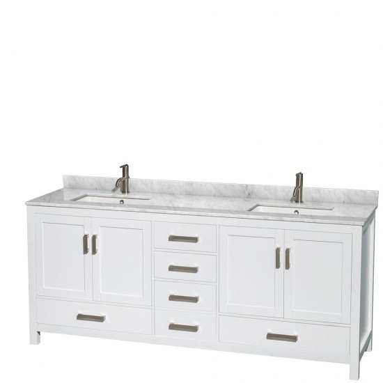 80 Inch Double Bathroom Vanity in White, White Carrara Marble Countertop, Sinks, Medicine Cabinets