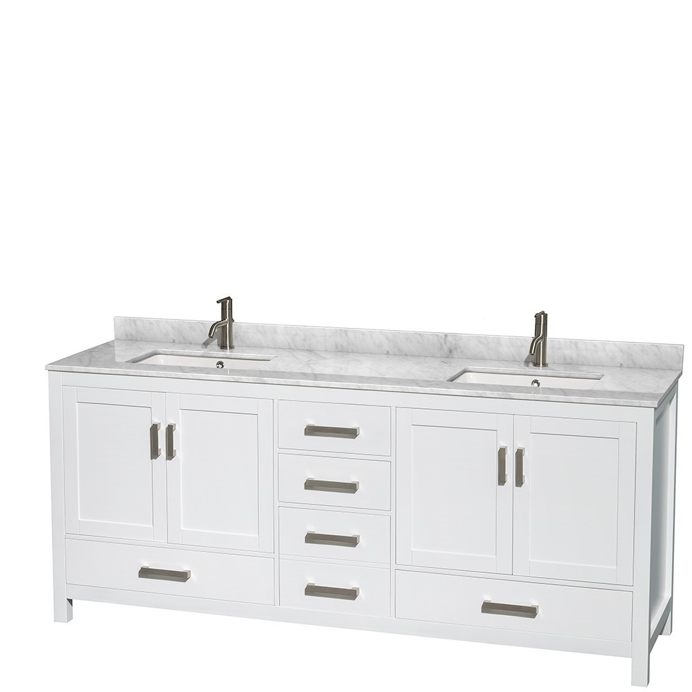 80 Inch Double Bathroom Vanity in White, White Carrara Marble Countertop, Sinks, No Mirror