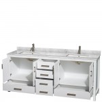 80 Inch Double Bathroom Vanity in White, White Carrara Marble Countertop, Sinks, No Mirror