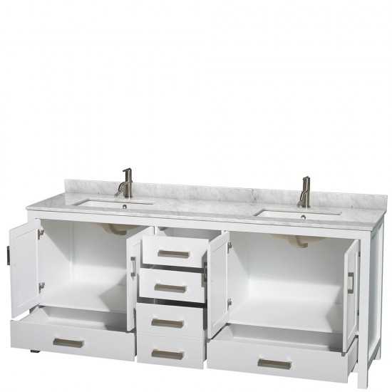 80 Inch Double Bathroom Vanity in White, White Carrara Marble Countertop, Sinks, No Mirror