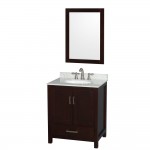 30 Inch Single Bathroom Vanity in Espresso, White Carrara Marble Countertop, Oval Sink, 24 Inch Mirror