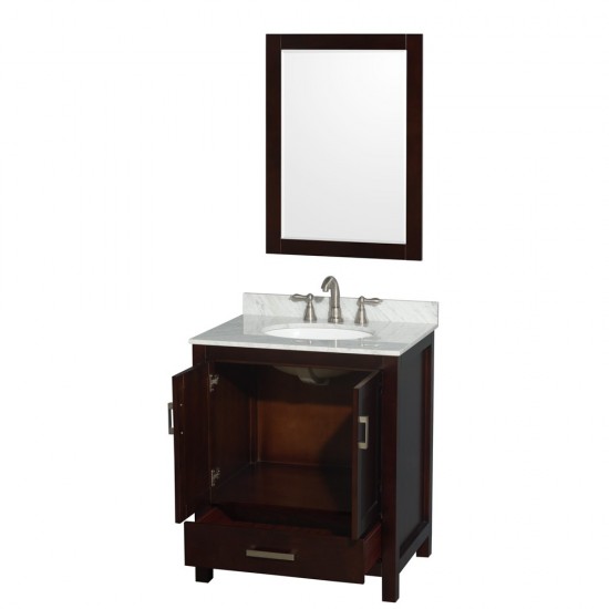 30 Inch Single Bathroom Vanity in Espresso, White Carrara Marble Countertop, Oval Sink, 24 Inch Mirror