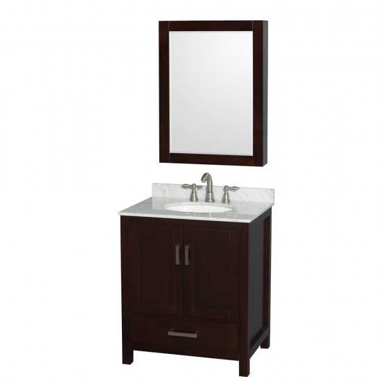 30 Inch Single Bathroom Vanity in Espresso, White Carrara Marble Countertop, Oval Sink, Medicine Cabinet