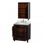 30 Inch Single Bathroom Vanity in Espresso, White Carrara Marble Countertop, Oval Sink, Medicine Cabinet