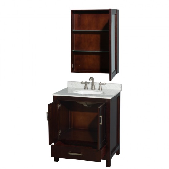 30 Inch Single Bathroom Vanity in Espresso, White Carrara Marble Countertop, Oval Sink, Medicine Cabinet