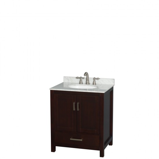 30 Inch Single Bathroom Vanity in Espresso, White Carrara Marble Countertop, Oval Sink, No Mirror