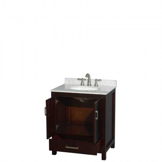 30 Inch Single Bathroom Vanity in Espresso, White Carrara Marble Countertop, Oval Sink, No Mirror