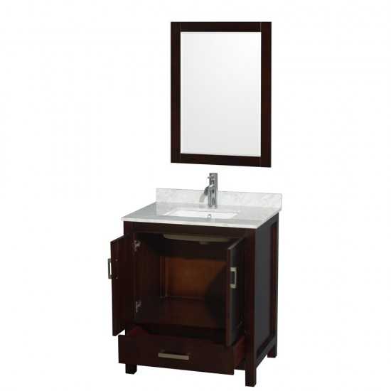 30 Inch Single Bathroom Vanity in Espresso, White Carrara Marble Countertop, Sink, 24 Inch Mirror