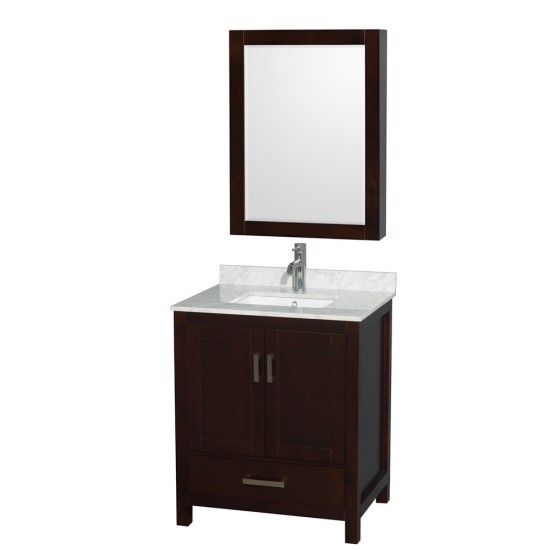 30 Inch Single Bathroom Vanity in Espresso, White Carrara Marble Countertop, Sink, Medicine Cabinet