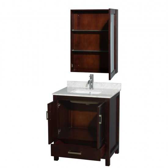 30 Inch Single Bathroom Vanity in Espresso, White Carrara Marble Countertop, Sink, Medicine Cabinet