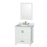 30 Inch Single Bathroom Vanity in White, White Carrara Marble Countertop, Oval Sink, 24 Inch Mirror