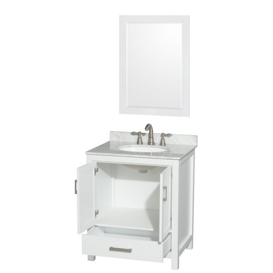 30 Inch Single Bathroom Vanity in White, White Carrara Marble Countertop, Oval Sink, 24 Inch Mirror