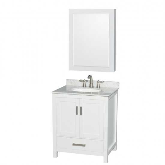 30 Inch Single Bathroom Vanity in White, White Carrara Marble Countertop, Oval Sink, Medicine Cabinet